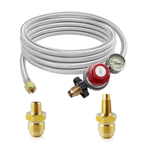 MCAMPAS 12 FT 0-30 Psi Adjustable High-Pressure Propane Regulator with Gauge 0~60PSI Gas Flow Indicator,3/8" Flare x 1/8" MNPT,Stainless Braided Hose with Soft-Nose Male POL Valve Regulator