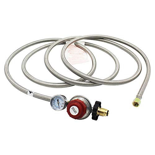 MCAMPAS 12 FT 0-30 Psi Adjustable High-Pressure Propane Regulator with Gauge 0~60PSI Gas Flow Indicator,3/8" Flare x 1/8" MNPT,Stainless Braided Hose with Soft-Nose Male POL Valve Regulator