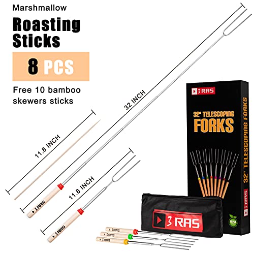 Marshmallow Roasting Sticks-Set of 8 Smores sticks & Hot Dog Forks 32 Inches Telescoping for Fire Pit Campfire with Extra 10 Bamboo Skewers BBQ Kit for Outdoor Camping