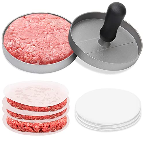 Wiwaplex Hamburger Press Patty Maker Set Non-Stick Meat Patty Presser Handle Patty Burger Maker Mold with 100 Wax Patty Paper Sheets for Home & Kitchen