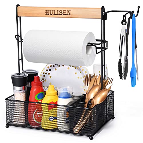 HULISEN Grill Caddy, BBQ Caddy with Paper Towel Holder, Utensil Caddy for Plates and Utensils, Picnic Condiments Caddy for Barbucue Griddle Accessories, Outdoor Camper Camping RV Backyard Must Have