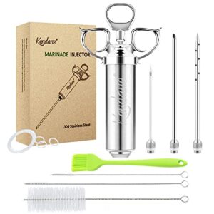 meat injector syringe 2-oz marinade flavor barrel 304 stainless steel with 3 marinade needles for bbq grill smoker, turkey, fish, brisket, paper silicone brush and instruction included by kendane