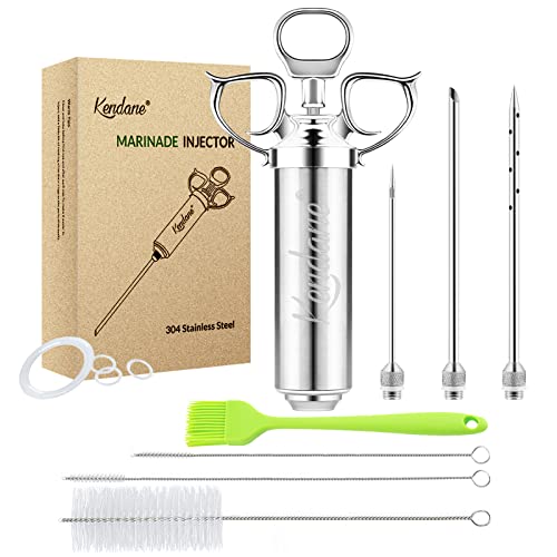 Meat Injector Syringe 2-oz Marinade Flavor Barrel 304 Stainless Steel with 3 Marinade Needles for BBQ Grill Smoker, Turkey, Fish, Brisket, Paper Silicone Brush and Instruction Included by Kendane