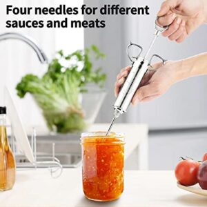 Meat Injector Syringe 2-oz Marinade Flavor Barrel 304 Stainless Steel with 3 Marinade Needles for BBQ Grill Smoker, Turkey, Fish, Brisket, Paper Silicone Brush and Instruction Included by Kendane