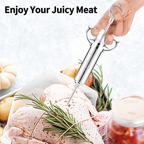 Meat Injector Syringe 2-oz Marinade Flavor Barrel 304 Stainless Steel with 3 Marinade Needles for BBQ Grill Smoker, Turkey, Fish, Brisket, Paper Silicone Brush and Instruction Included by Kendane