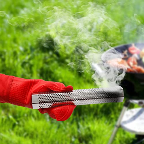 12’’ BBQ smoker tube - 5 hours Hot or Cold Smoking pellet smoker tube - 2 brushes, 2 hooks and heat resistant glove with 304 stainless steel pellet tube - Smoke Tube for Electric, Gas, Charcoal Grills