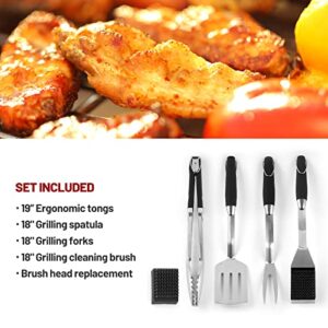 MAGIC FLAME 18'' BBQ Grill Accessories, Heavy Duty 5 Pcs Grilling Tools, Extra Thick Stainless Steel Grill Utensils Set Gift with Spatula Fork Cleaning Brush Tong BBQ Set for Outdoor Camping Grilling