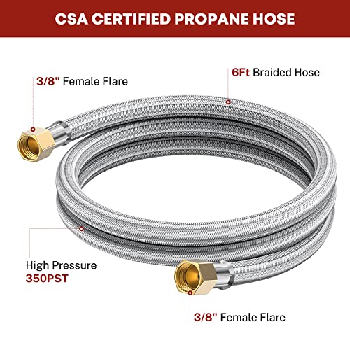 PatioGem Propane Hose Extension 6 Feet, Braided 3/8" Female Flare On Both Ends Hose, Propane Extension Hose, Propane Gas Line, 3/8 Propane Hose, Flexible Gas Line, Female to Female Hose, Gas Line