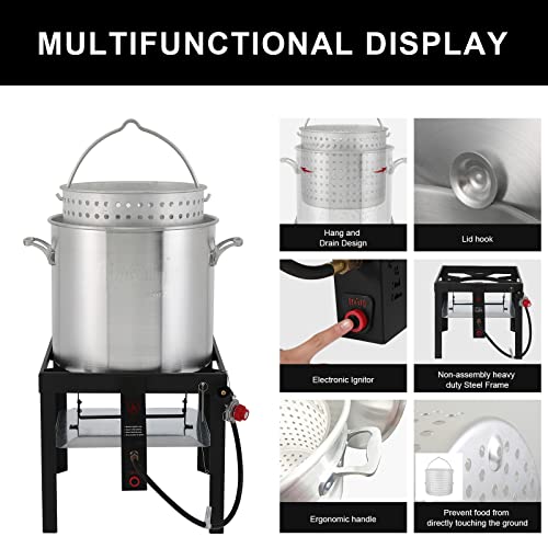 FEASTO 60QT Aluminum Boil Kit with Basket Perfect for Seafood Boiling and Steaming, Outdoor Propane Gas Cooker with Adjustable 0-10 PSI Regulator, Non-Assembly Frame Stand