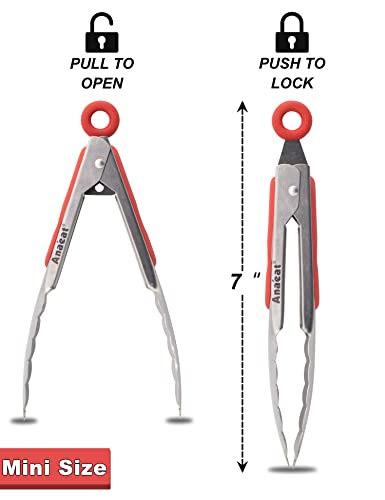 Anaeat Sturdy Mini Kitchen Tong - High Heat Resistant Cooking Tongs - 7 Inch Non-Slip Stainless Steel Small Locking Tongs for Grilling, Cooking, Turning and Barbecue