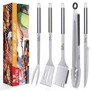 aisitin 5 pcs grill accessories bbq set, stainless steel bbq grill tools with sturdy spatula, grilling tongs, fork and brush, ideal grill set for outdoor indoor grill