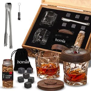 whiskey gift set, 13 pcs wooden smoker + old fashioned glasses - 2 pcs, in wooden box with wood chips, whiskey stones 6 pcs included - gift for men (torch not included)