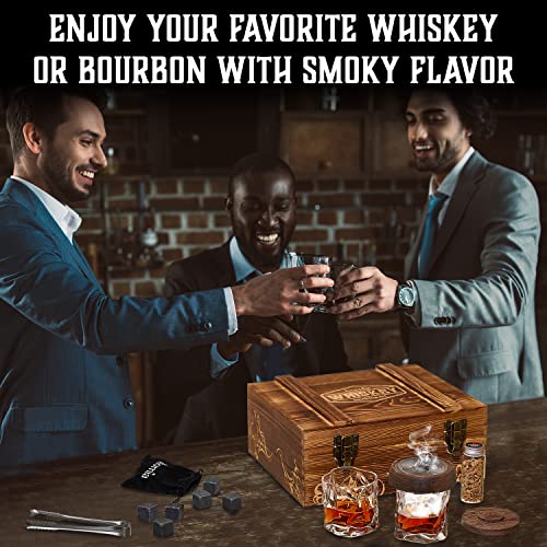 Whiskey Gift Set, 13 pcs Wooden Smoker + Old Fashioned Glasses - 2 pcs, in Wooden Box with Wood Chips, Whiskey Stones 6 pcs Included - Gift for Men (Torch Not Included)