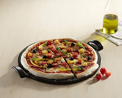 Emile Henry Made in France Flame Top Pizza Stone, Black. Perfect for Pizzas or Breads. In the Oven, On Top of the BBQ. Safe up to 750 degrees F. 100% Natural Clay, Glazed Surface. Easy to Clean.