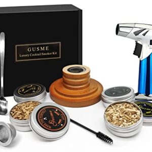 Cocktail Smoker Kit with Torch for Infuse Cocktail Whiskey,Wine, BBQ,Flavor Drink Smoker Include Oak, Cherry, Apple and Pecan Wood Chips,Whiskey Smoker Gifts for Men（No Butane）