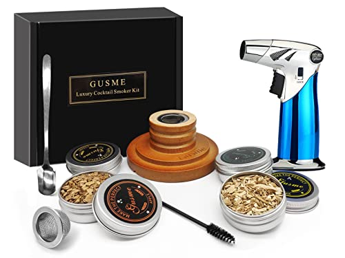 Cocktail Smoker Kit with Torch for Infuse Cocktail Whiskey,Wine, BBQ,Flavor Drink Smoker Include Oak, Cherry, Apple and Pecan Wood Chips,Whiskey Smoker Gifts for Men（No Butane）