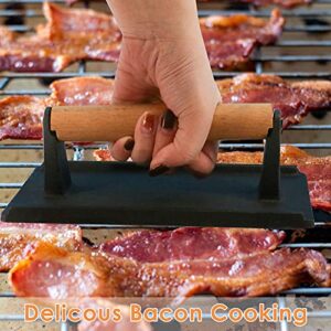 Finderomend Cast Iron Grill Bacon Press,Pre-Seasoned Coating Heavy Duty Steak and Burger Press with Wooden Handle,Steak Press for Griddles,Grills Bacon, Paninis (Dark Black)