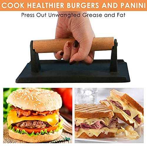 Finderomend Cast Iron Grill Bacon Press,Pre-Seasoned Coating Heavy Duty Steak and Burger Press with Wooden Handle,Steak Press for Griddles,Grills Bacon, Paninis (Dark Black)