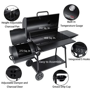 Royal Gourmet CC2036F Charcoal Grill with Offset Smoker Burch BBQ Barrel Grill and Smoker Combo, 1200 Square Inches for Large Event Gathering Patio and Backyard Cooking, Black