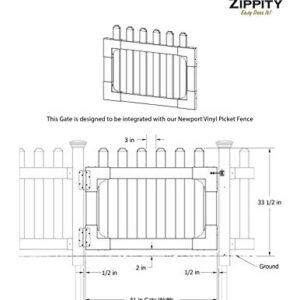 Zippity Outdoor Products ZP19004 Newport Vinyl Picket Unassembled Gate, 33-1/2"H x 42"W, White