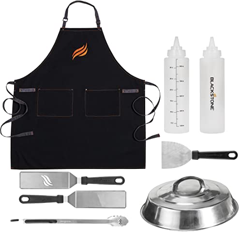 Blackstone Griddle Accessories Set- Heat Resistant Plastic Handles 8 Pcs Stainless Steel Outdoor Indoor Grilling Utensils Hibachi Tools Kit -Apron, 2 Spatula, 1 Scraper, 1 Tong, 1 Dome, 2 Bottles 32oz