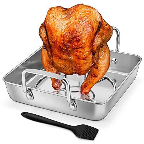 HaSteeL Beer Can Chicken Holder 3Pcs, Includes Stainless Steel Vertical Chicken Roaster Stand Rack, Heavy Duty Roasting Drip Pan & Silicone Oil Brush, Great for Smoker Grill Oven BBQ, Dishwasher Safe