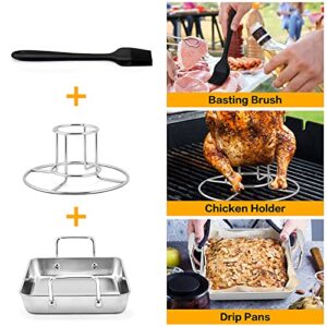 HaSteeL Beer Can Chicken Holder 3Pcs, Includes Stainless Steel Vertical Chicken Roaster Stand Rack, Heavy Duty Roasting Drip Pan & Silicone Oil Brush, Great for Smoker Grill Oven BBQ, Dishwasher Safe