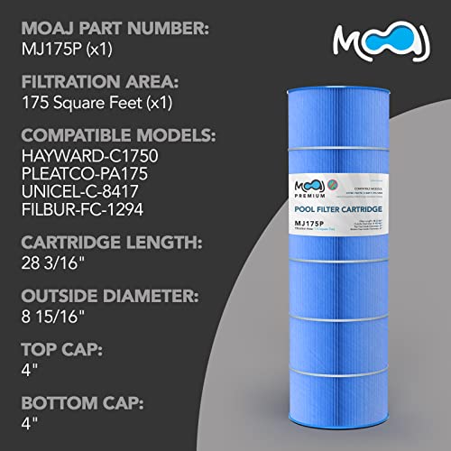 MOAJ Premium Pool Filter Replaces Hayward CX1750RE, StarClear Plus C1750, PA175, Sta-Rite PXC175, Filbur FC-1294, Unicel C-8417, Waterway PCCF-175, 817-0175 | 28 3/16" x 8 15/16" | Asepsis-Infused