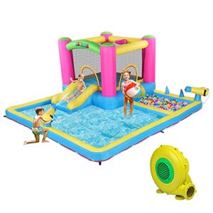 joymor inflatable water slide park for backyard, bounce house w/blower, 2 water guns, splash pool, water slide bouncer castle outdoor playhouse for little kids