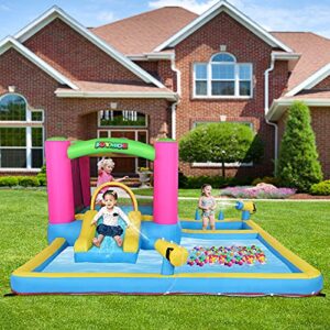 JOYMOR Inflatable Water Slide Park for Backyard, Bounce House w/Blower, 2 Water Guns, Splash Pool, Water Slide Bouncer Castle Outdoor Playhouse for Little Kids