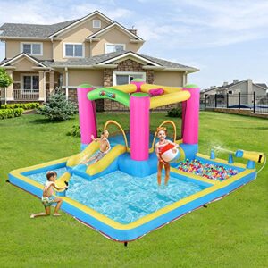 JOYMOR Inflatable Water Slide Park for Backyard, Bounce House w/Blower, 2 Water Guns, Splash Pool, Water Slide Bouncer Castle Outdoor Playhouse for Little Kids