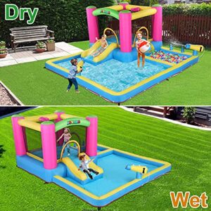 JOYMOR Inflatable Water Slide Park for Backyard, Bounce House w/Blower, 2 Water Guns, Splash Pool, Water Slide Bouncer Castle Outdoor Playhouse for Little Kids