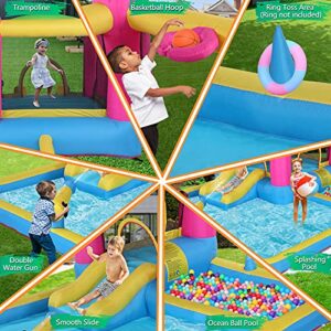 JOYMOR Inflatable Water Slide Park for Backyard, Bounce House w/Blower, 2 Water Guns, Splash Pool, Water Slide Bouncer Castle Outdoor Playhouse for Little Kids