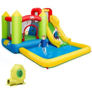costzon inflatable water slide, water bounce house combo for kids outdoor fun with large jumping area, 480w blower, climbing, splash pool, waterslides park inflatable for kids backyard party gifts