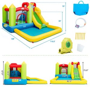 Costzon Inflatable Water Slide, Water Bounce House Combo for Kids Outdoor Fun with Large Jumping Area, 480w Blower, Climbing, Splash Pool, Waterslides Park Inflatable for Kids Backyard Party Gifts