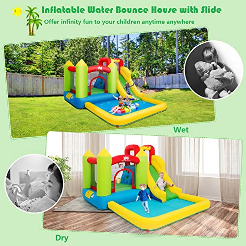 Costzon Inflatable Water Slide, Water Bounce House Combo for Kids Outdoor Fun with Large Jumping Area, 480w Blower, Climbing, Splash Pool, Waterslides Park Inflatable for Kids Backyard Party Gifts