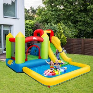 Costzon Inflatable Water Slide, Water Bounce House Combo for Kids Outdoor Fun with Large Jumping Area, 480w Blower, Climbing, Splash Pool, Waterslides Park Inflatable for Kids Backyard Party Gifts