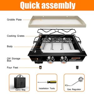 QuliMetal Portable Griddle Flat Top Grill 22 Inch Table Top Griddle 2 Burner Propane Grill with Carry Bag Outdoor Griddle Camping Griddle 24,000 BTU 348 Sq 304 Stainless Steel for Party Tailgating