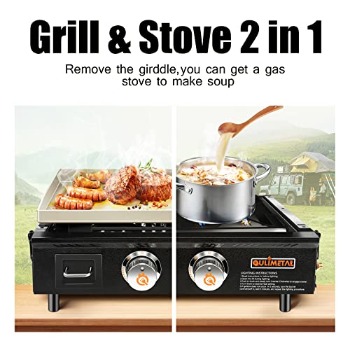 QuliMetal Portable Griddle Flat Top Grill 22 Inch Table Top Griddle 2 Burner Propane Grill with Carry Bag Outdoor Griddle Camping Griddle 24,000 BTU 348 Sq 304 Stainless Steel for Party Tailgating