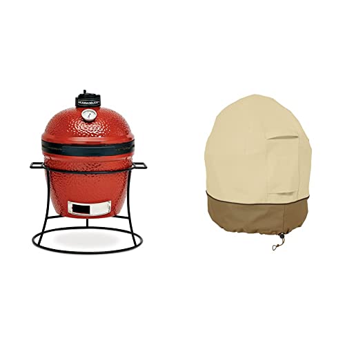 Kamado Joe KJ13RH Joe Jr. 13.5 inch Portable Charcoal Grill with Cast Iron Cart and Heat Deflectors, Blaze Red & Classic Accessories Veranda Water-Resistant 21 Inch Kamado Mini Ceramic BBQ Grill Cover