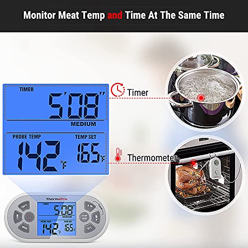 ThermoPro TP21 Wireless Meat Thermometer for Grilling and Smoking, BBQ Thermometer for Cooking, Food Grill Thermometer with 8.5' Meat Probe, Smoker Thermometer with Alert & Timer, LCD Backlit Screen