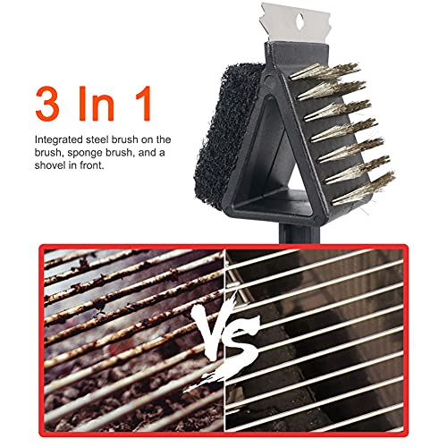 GEZICHTA 3 in 1 Barbecue Grill Brush and Scraper Long Handle Stainless Steel Bristles for Gas Infrared Charcoal Porcelain Grills(Black)