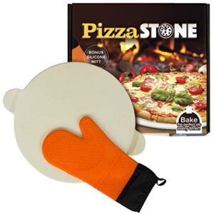 Baking Pizza Stone with handles for Grill, Oven & BBQ15” Durable, Certified Safe, for Ovens & Grills. Bonus Silicone Mitt.