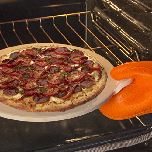 Baking Pizza Stone with handles for Grill, Oven & BBQ15” Durable, Certified Safe, for Ovens & Grills. Bonus Silicone Mitt.