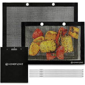 homeflowz mesh grill bags and skewers - extra large 40x30cm + medium bbq bags for grill - heat resistant non-stick reusable grilling bags - easy to clean - use on all outdoor grills - durable design