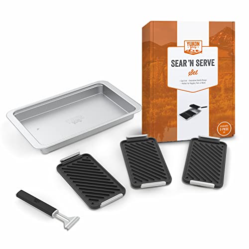 Yukon Glory SEAR 'N SERVE Cast Iron Grill Pan Set Includes - 3 Cast Iron Grilling Baskets a Serving Tray & Clip-On Handle - Cast Iron grill pans for stove tops or Outdoor Grills Leave Pro Sear Marks