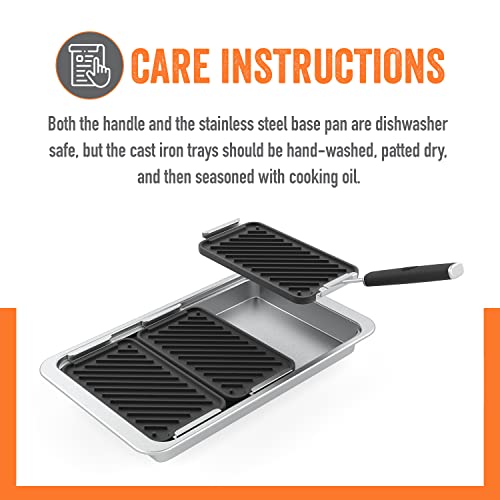 Yukon Glory SEAR 'N SERVE Cast Iron Grill Pan Set Includes - 3 Cast Iron Grilling Baskets a Serving Tray & Clip-On Handle - Cast Iron grill pans for stove tops or Outdoor Grills Leave Pro Sear Marks