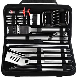 poligo 28pc exclusive bbq grill accessories in carrying bag for birthday christmas grilling gifts - premium grill utensils set with barbecue claws, meat injector, thermometer for smoker, camping