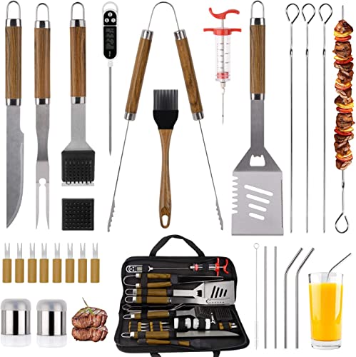 SixSun 30PCS BBQ Grill Tools Set Wooden Handle Stainless Steel Grilling Accessories with Spatula, Tongs, Skewers for Barbecue, Camping, Kitchen, Complete Premium Grill Utensils Set - Brown