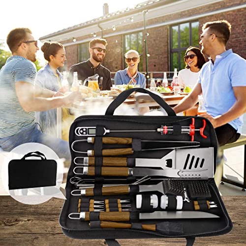 SixSun 30PCS BBQ Grill Tools Set Wooden Handle Stainless Steel Grilling Accessories with Spatula, Tongs, Skewers for Barbecue, Camping, Kitchen, Complete Premium Grill Utensils Set - Brown